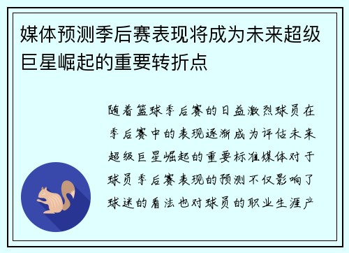 媒体预测季后赛表现将成为未来超级巨星崛起的重要转折点