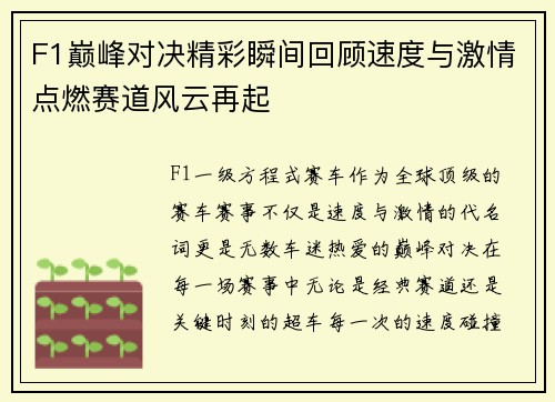 F1巅峰对决精彩瞬间回顾速度与激情点燃赛道风云再起