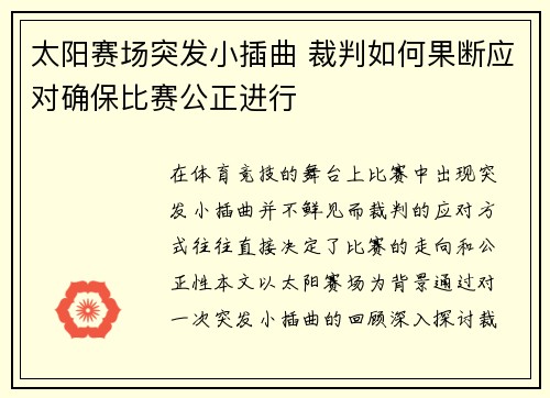 太阳赛场突发小插曲 裁判如何果断应对确保比赛公正进行
